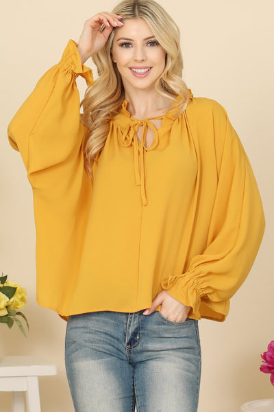LONG SLEEVE RUFFLE TIE NECK TOP 2-2-2