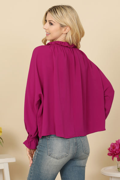 LONG SLEEVE RUFFLE TIE NECK TOP 2-2-2