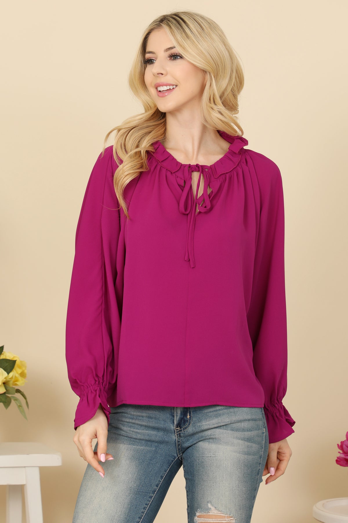 LONG SLEEVE RUFFLE TIE NECK TOP 2-2-2