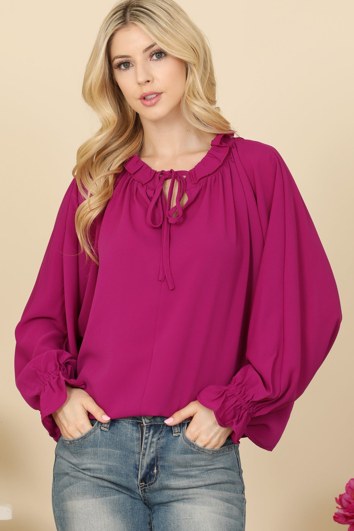 LONG SLEEVE RUFFLE TIE NECK TOP 2-2-2