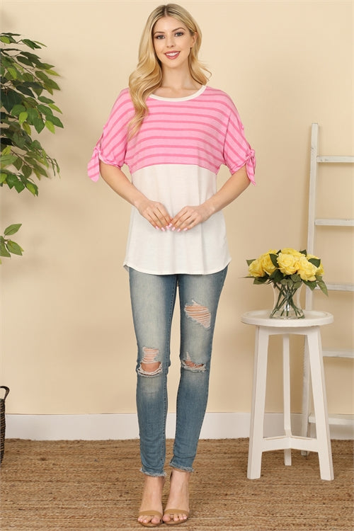 T3984S-STRIPES TIE KNOT HALF SLEEVE TOP 2-2-2