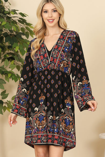 BLACK ROYAL V-NECK LONG SLEEVE PRINTED DRESS 2-2-2