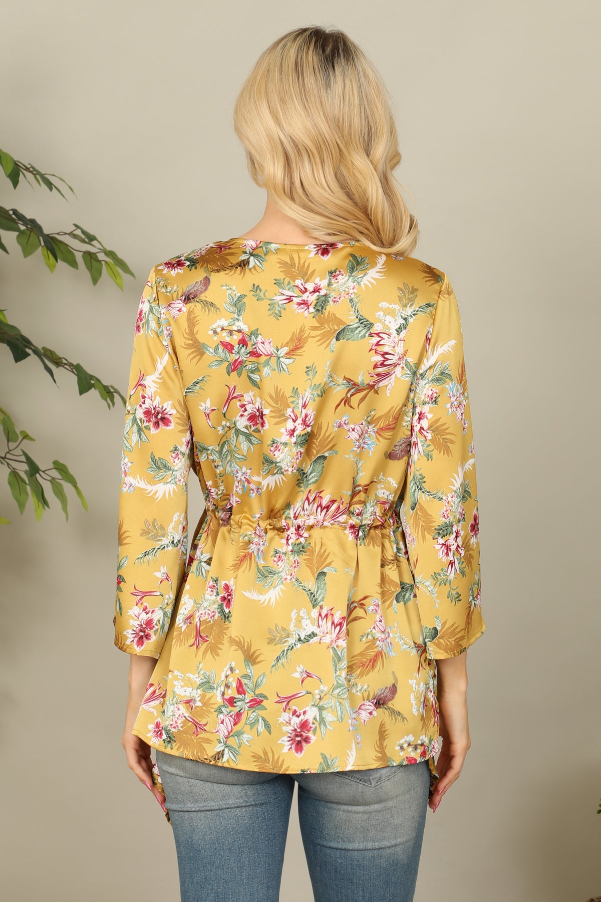 MUSTARD V-NECK WAIST TIE BELL SLEEVE FLORAL TOP 2-2-2