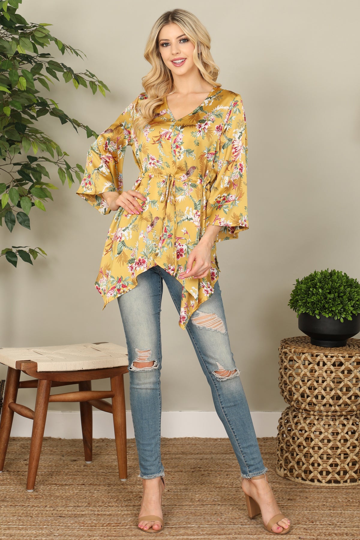 MUSTARD V-NECK WAIST TIE BELL SLEEVE FLORAL TOP 2-2-2