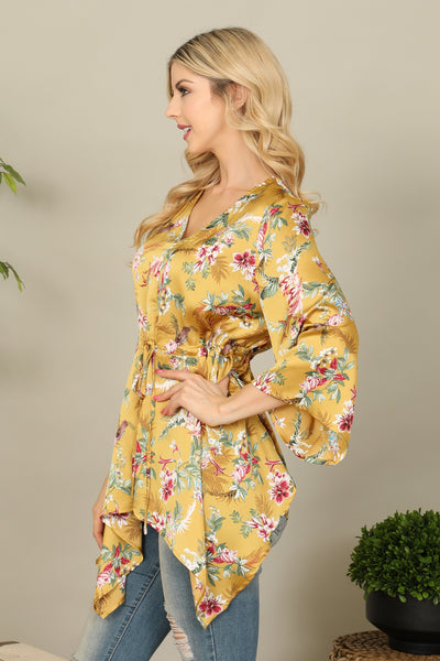 MUSTARD V-NECK WAIST TIE BELL SLEEVE FLORAL TOP 2-2-2