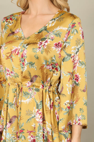 MUSTARD V-NECK WAIST TIE BELL SLEEVE FLORAL TOP 2-2-2