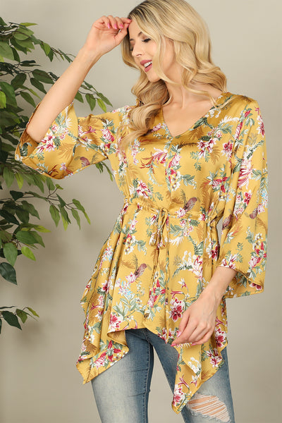 MUSTARD V-NECK WAIST TIE BELL SLEEVE FLORAL TOP 2-2-2