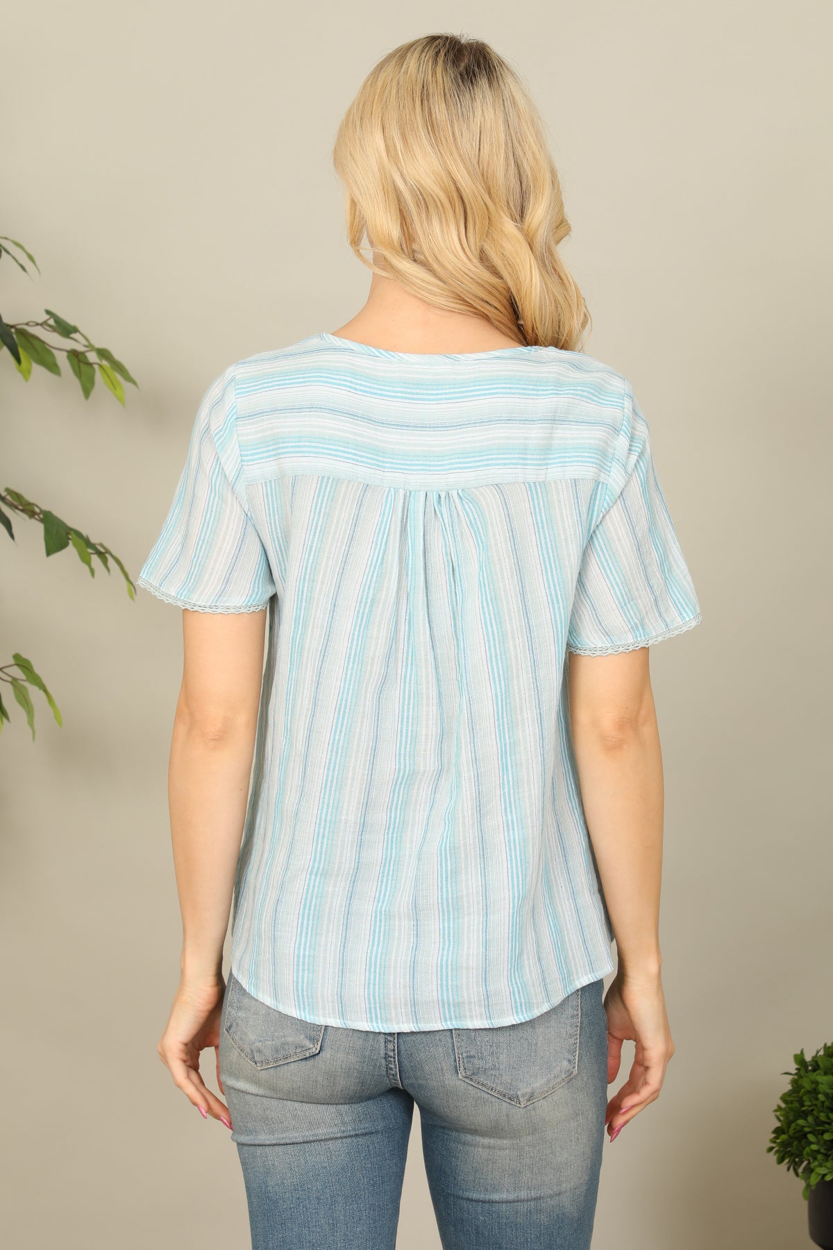 AQUA NOTCH NECK BUTTON DETAIL STRIPE KNOT HEM TOP 2-2-2