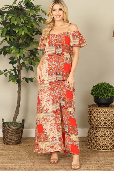 TAUPE RED COLD SHOULDER SLIT DETAIL PRINTED MAXI DRESS 2-2-2