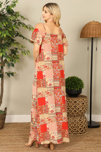 TAUPE RED COLD SHOULDER SLIT DETAIL PRINTED MAXI DRESS 2-2-2