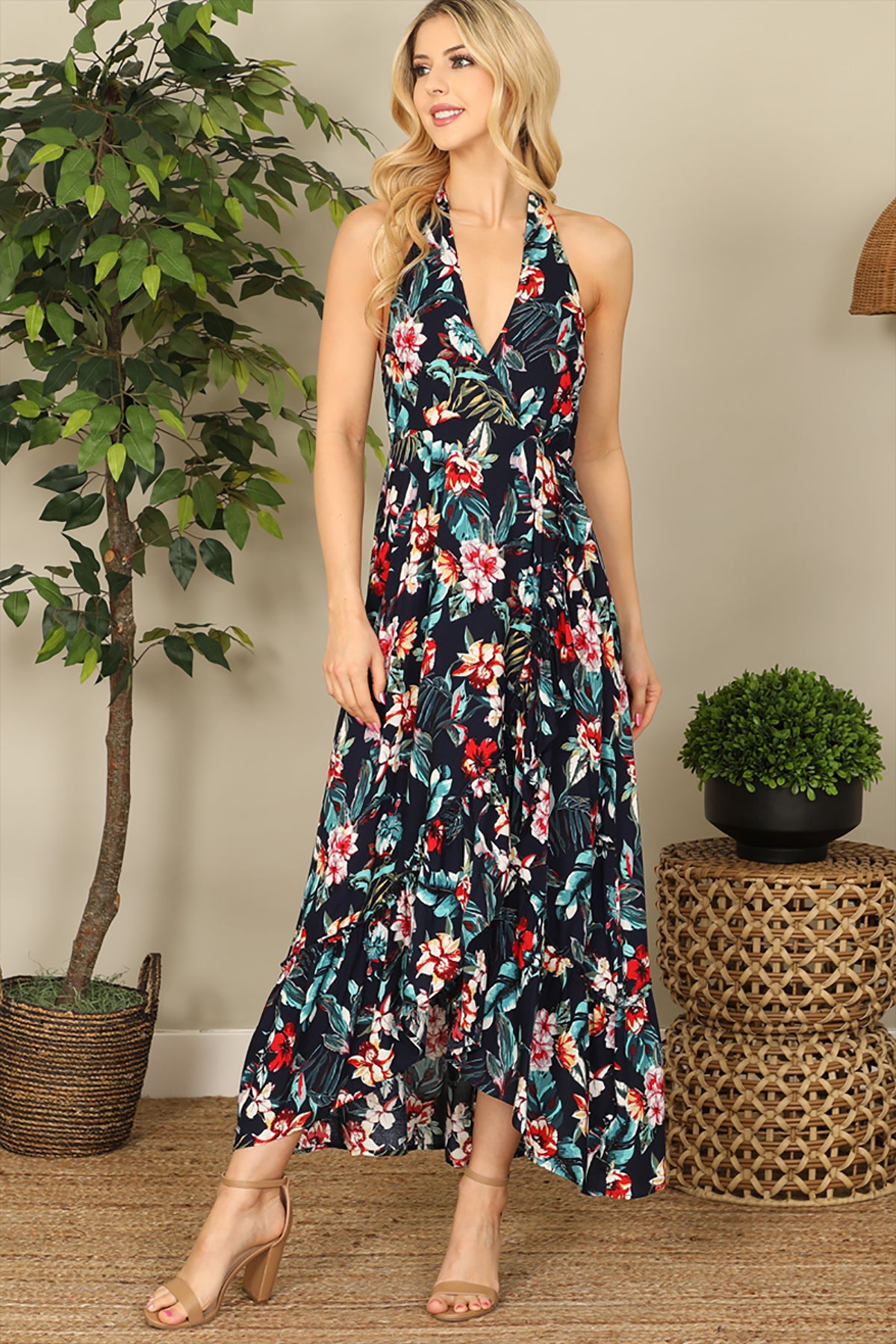 NAVY COLOR TROPICAL PRINTED DRESS 2-2-2