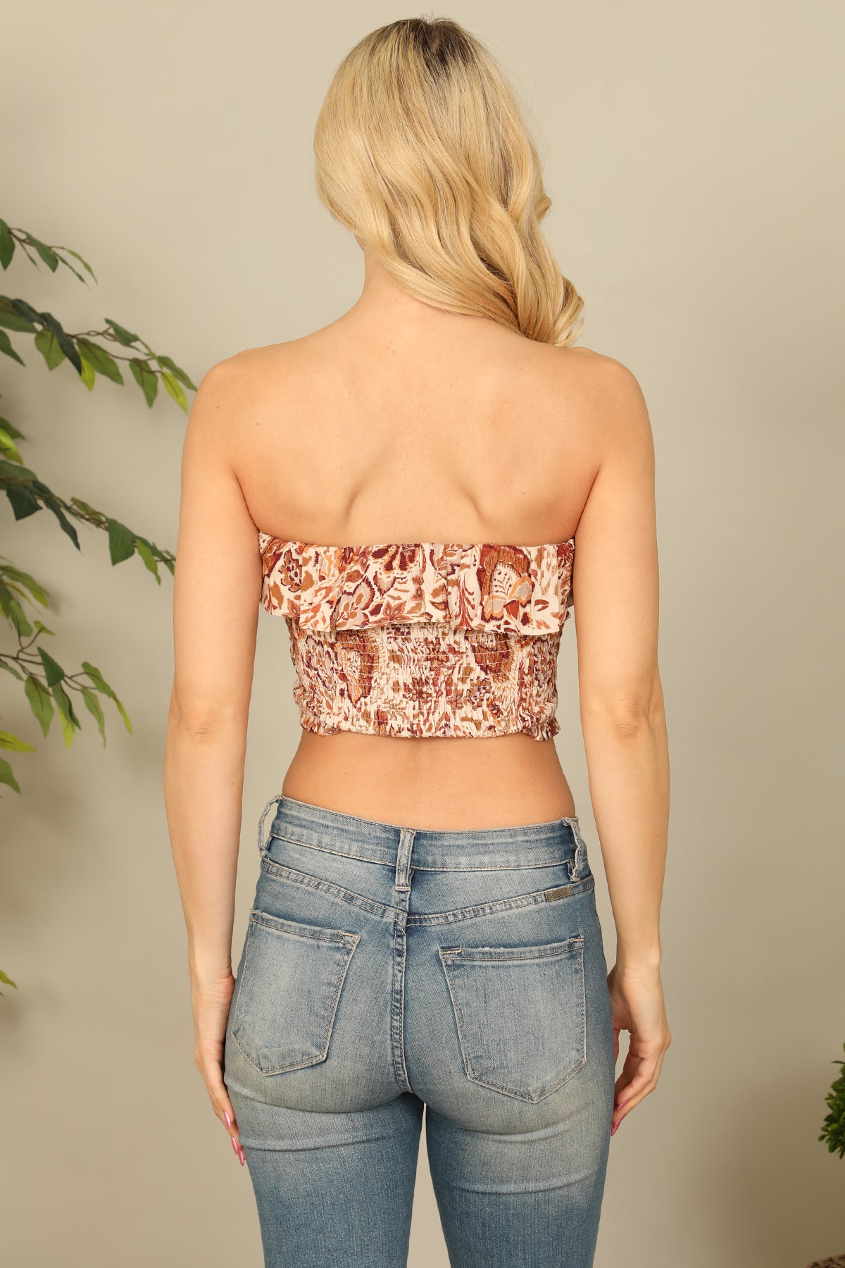 BEIGE BROWN SMOCKED RUFFLE TUBE FLORAL CROP TOP 2-2-1