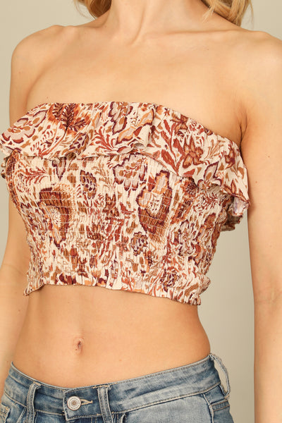 BEIGE BROWN SMOCKED RUFFLE TUBE FLORAL CROP TOP 2-2-1