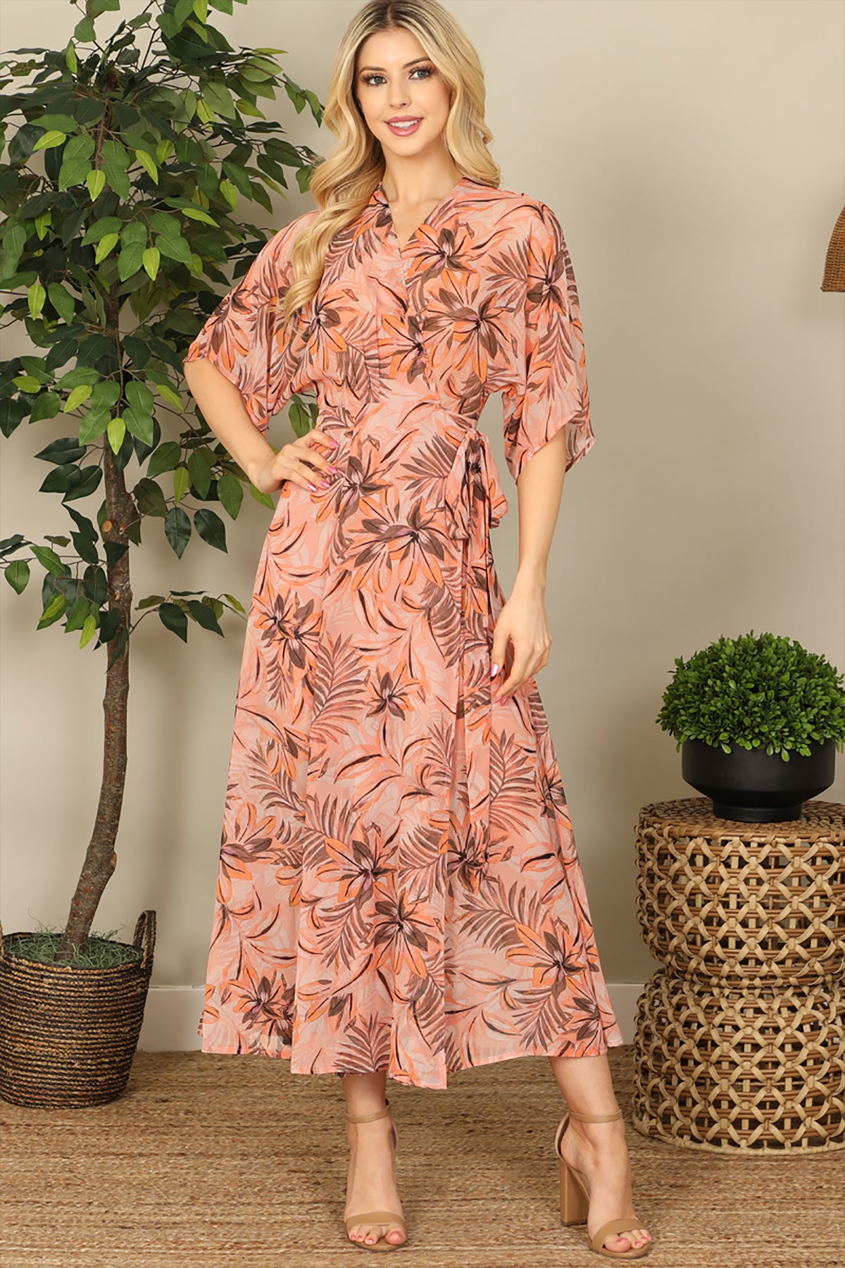 BLUSH HALF SLEEVE WAIST TIE FLORAL MIDI DRESS 2-2-1