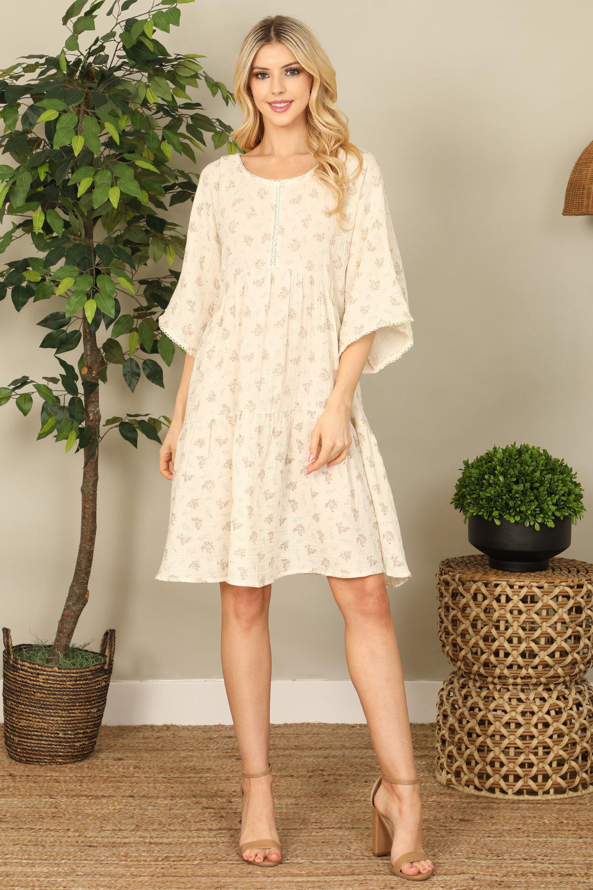 CREAM BROWN BELL SLEEVE BOAT NECK FLORAL DRESS 2-2-1