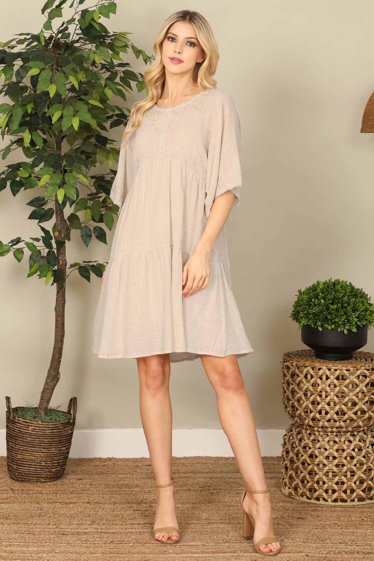 NATURAL BOAT NECK BELL SLEEVE TEXTURED DETAIL DRESS 2-2-1