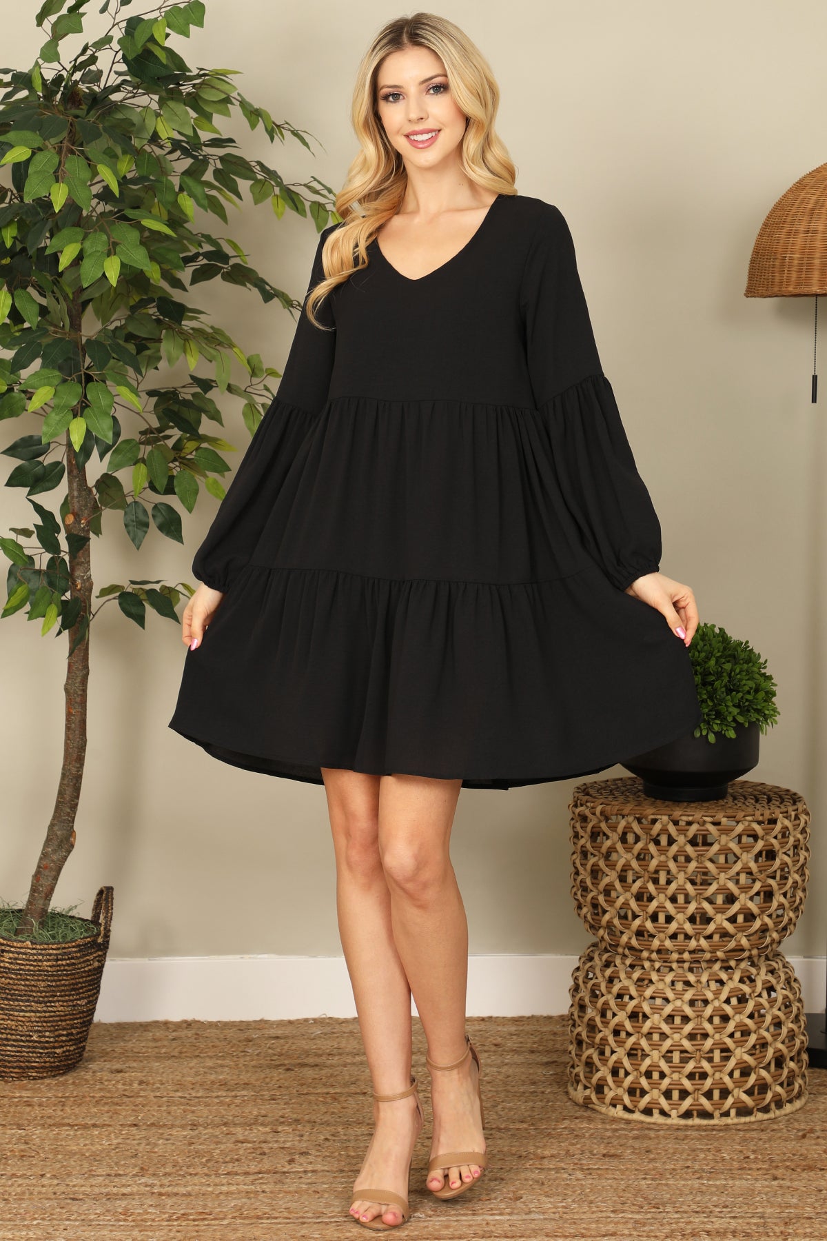 V-NECK PUFF LONG SLEEVE BABYDOLL TIERED SOLID DRESS 1-1-1-1-1