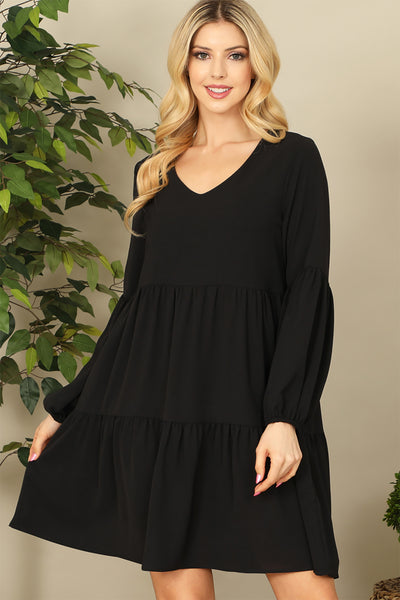 V-NECK PUFF LONG SLEEVE BABYDOLL TIERED SOLID DRESS 1-1-1-1-1