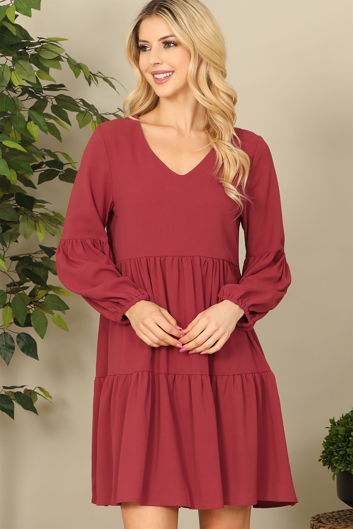 V-NECK PUFF LONG SLEEVE BABYDOLL TIERED SOLID DRESS 1-1-1-1-1