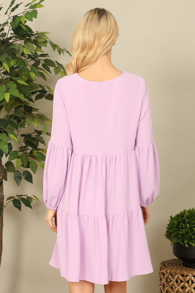 V-NECK PUFF LONG SLEEVE BABYDOLL TIERED SOLID DRESS 1-1-1-1-1