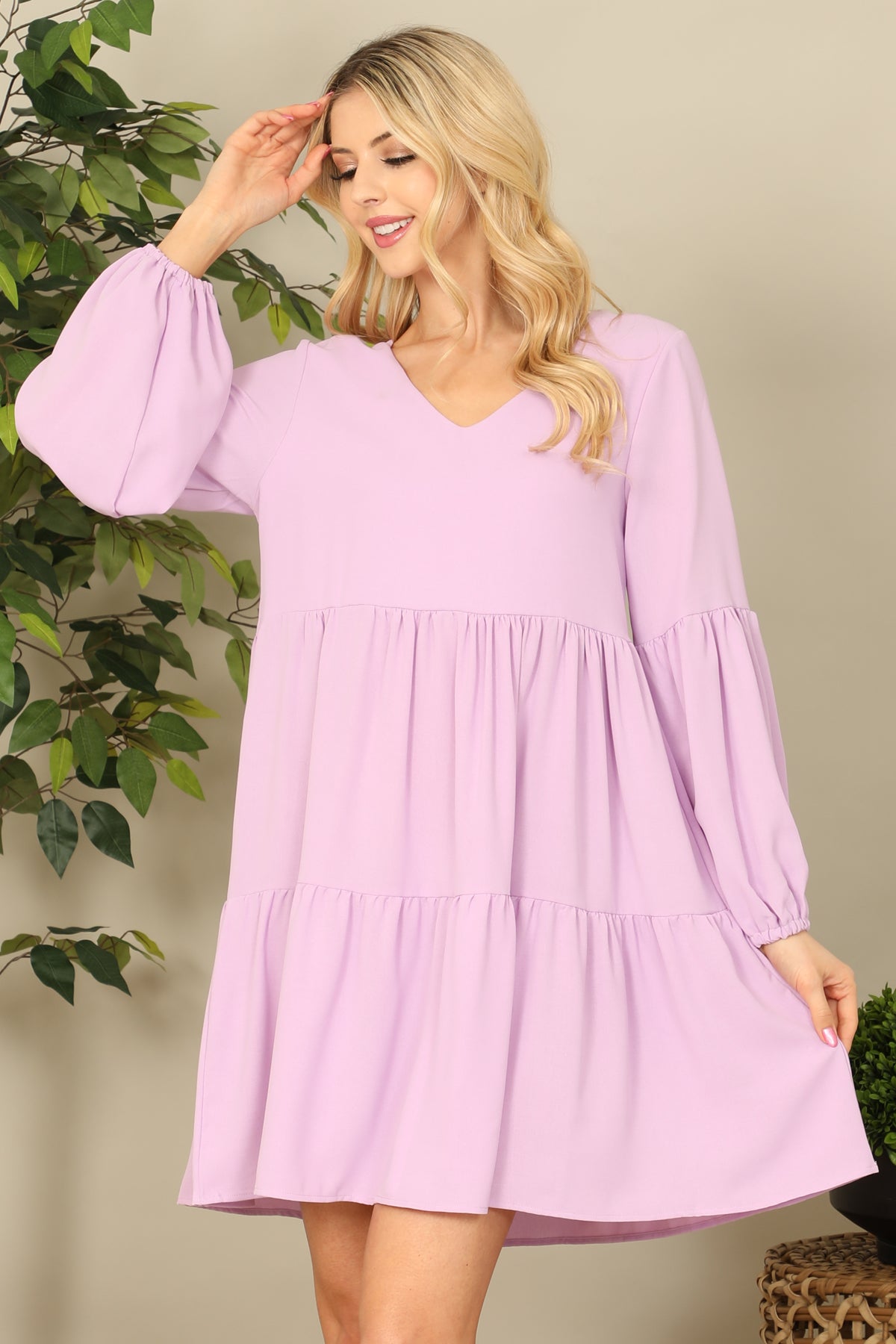 V-NECK PUFF LONG SLEEVE BABYDOLL TIERED SOLID DRESS 1-1-1-1-1