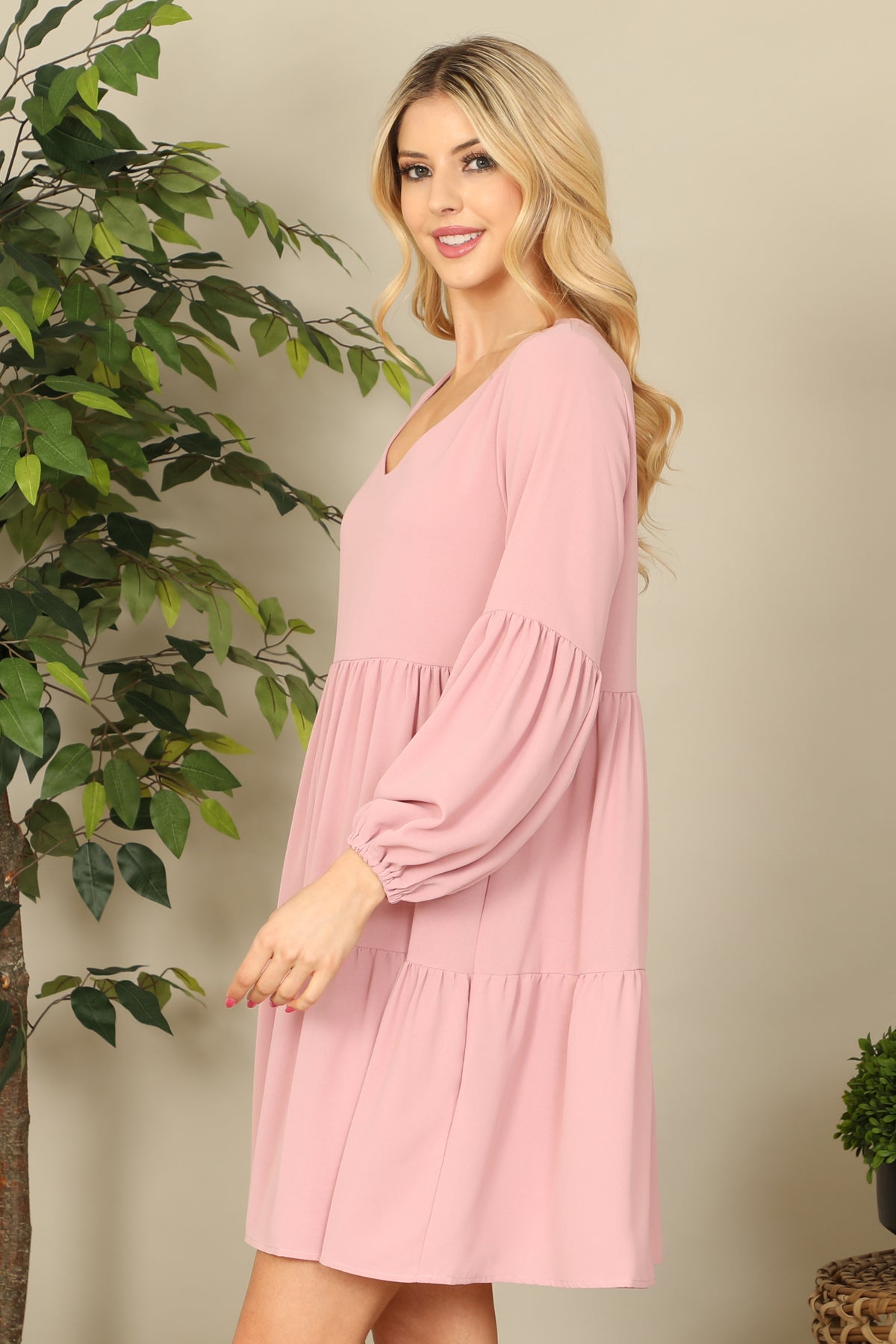 V-NECK PUFF LONG SLEEVE BABYDOLL TIERED SOLID DRESS 1-1-1-1-1