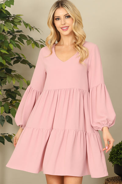 V-NECK PUFF LONG SLEEVE BABYDOLL TIERED SOLID DRESS 1-1-1-1-1