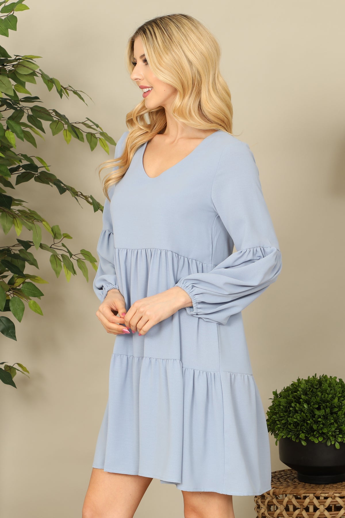 V-NECK PUFF LONG SLEEVE BABYDOLL TIERED SOLID DRESS 1-1-1-1-1