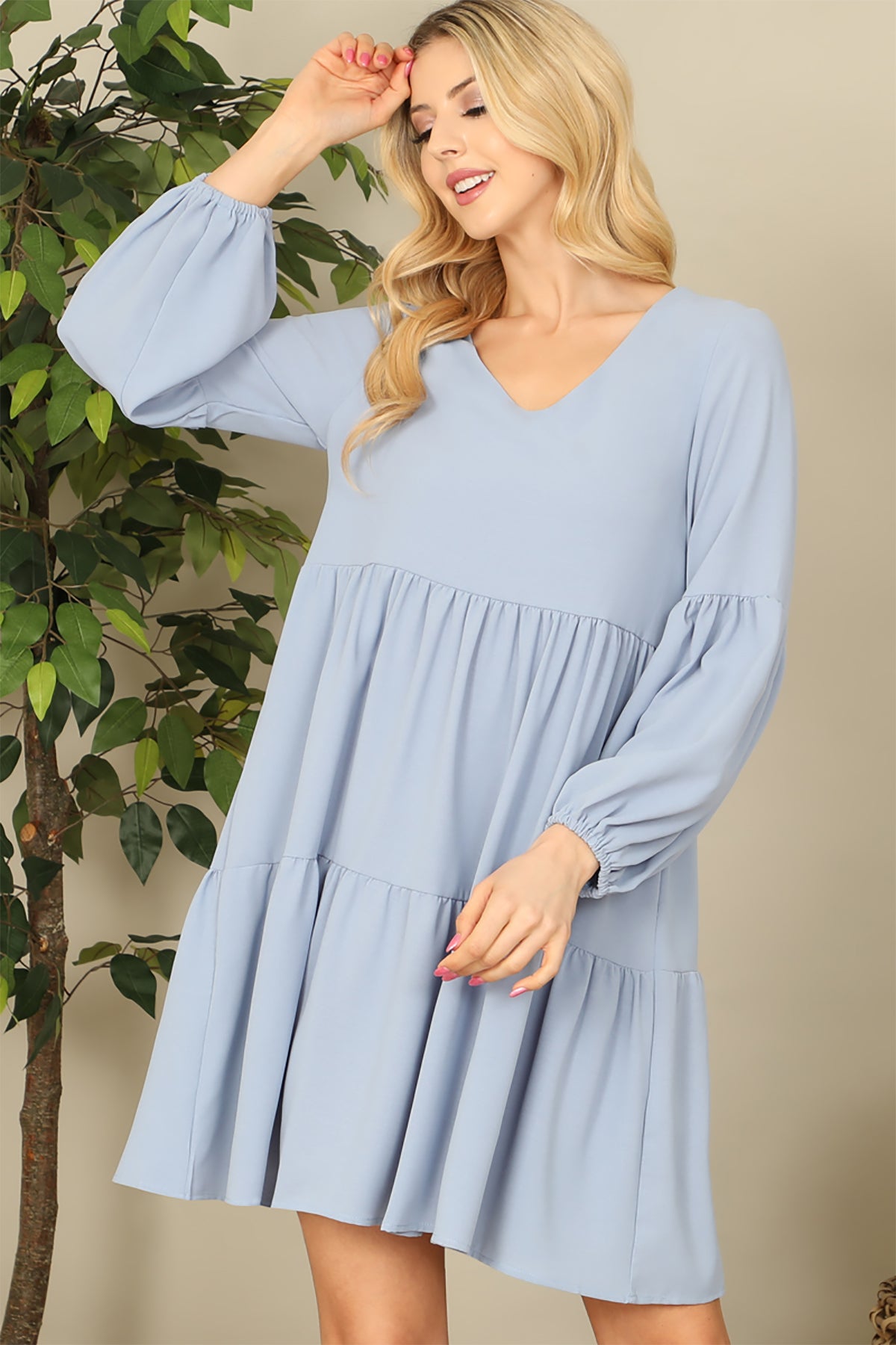 V-NECK PUFF LONG SLEEVE BABYDOLL TIERED SOLID DRESS 1-1-1-1-1