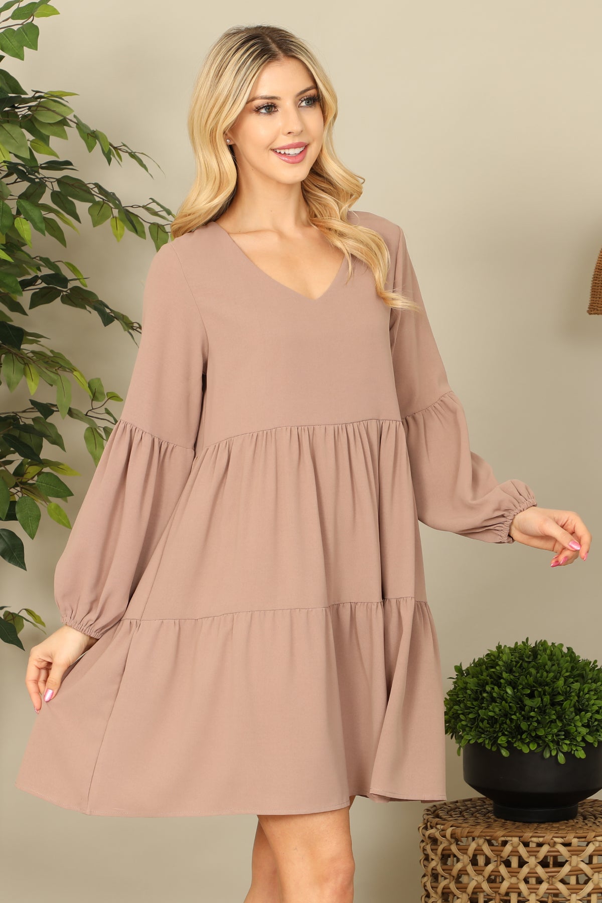 V-NECK PUFF LONG SLEEVE BABYDOLL TIERED SOLID DRESS 1-1-1-1-1