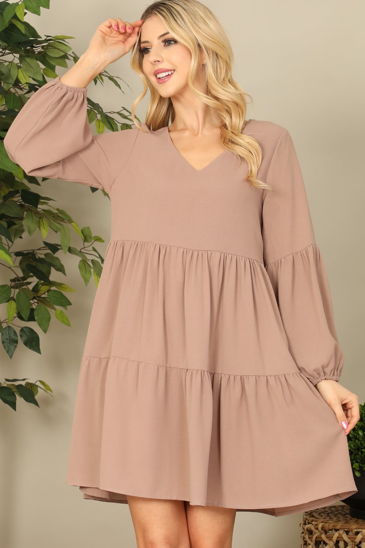 V-NECK PUFF LONG SLEEVE BABYDOLL TIERED SOLID DRESS 1-1-1-1-1