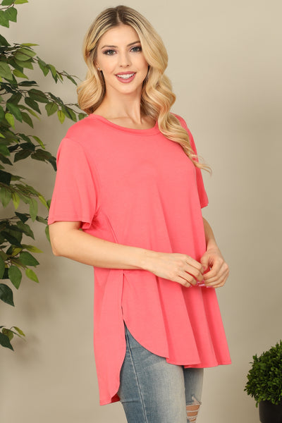 SHORT SLEEVE CURVED HEM SLIT DETAIL SOLID TOP 2-2-2-2