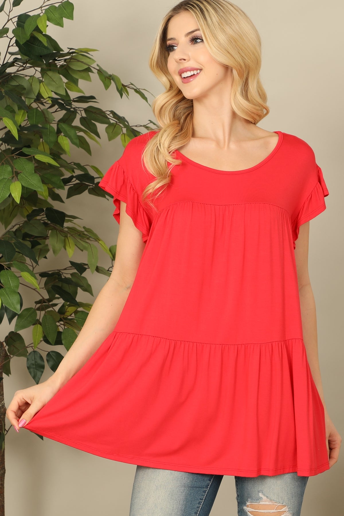 RUFFLE CAP SLEEVE TIERED SOLID TOP 2-2-2-2