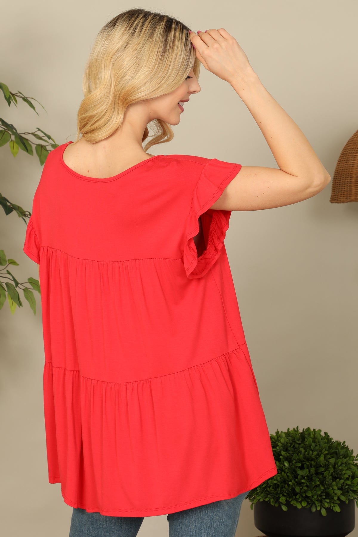 RUFFLE CAP SLEEVE TIERED SOLID TOP 2-2-2-2