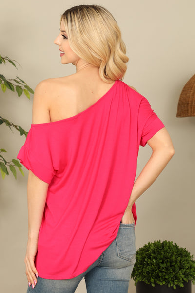 FUCHSIA ONE SIDE COLD SHOULDER SOLID TOP 2-2-2-2