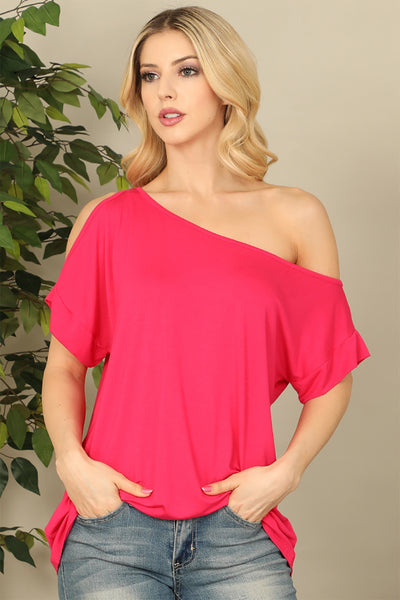 FUCHSIA ONE SIDE COLD SHOULDER SOLID TOP 2-2-2-2