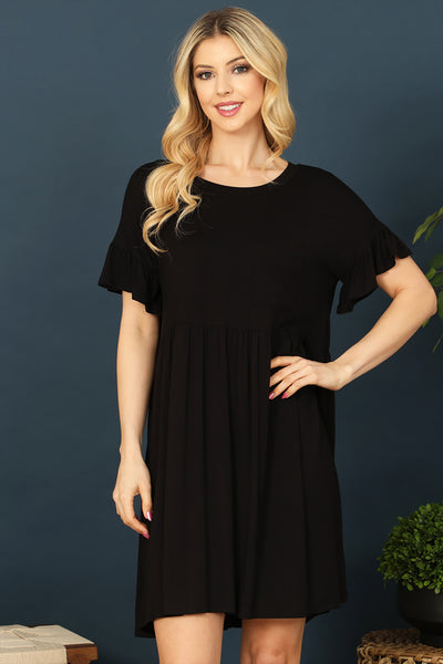 BLACK RUFFLE SLEEVE FRONT POCKET SOLID DRESS 2-2-2-2