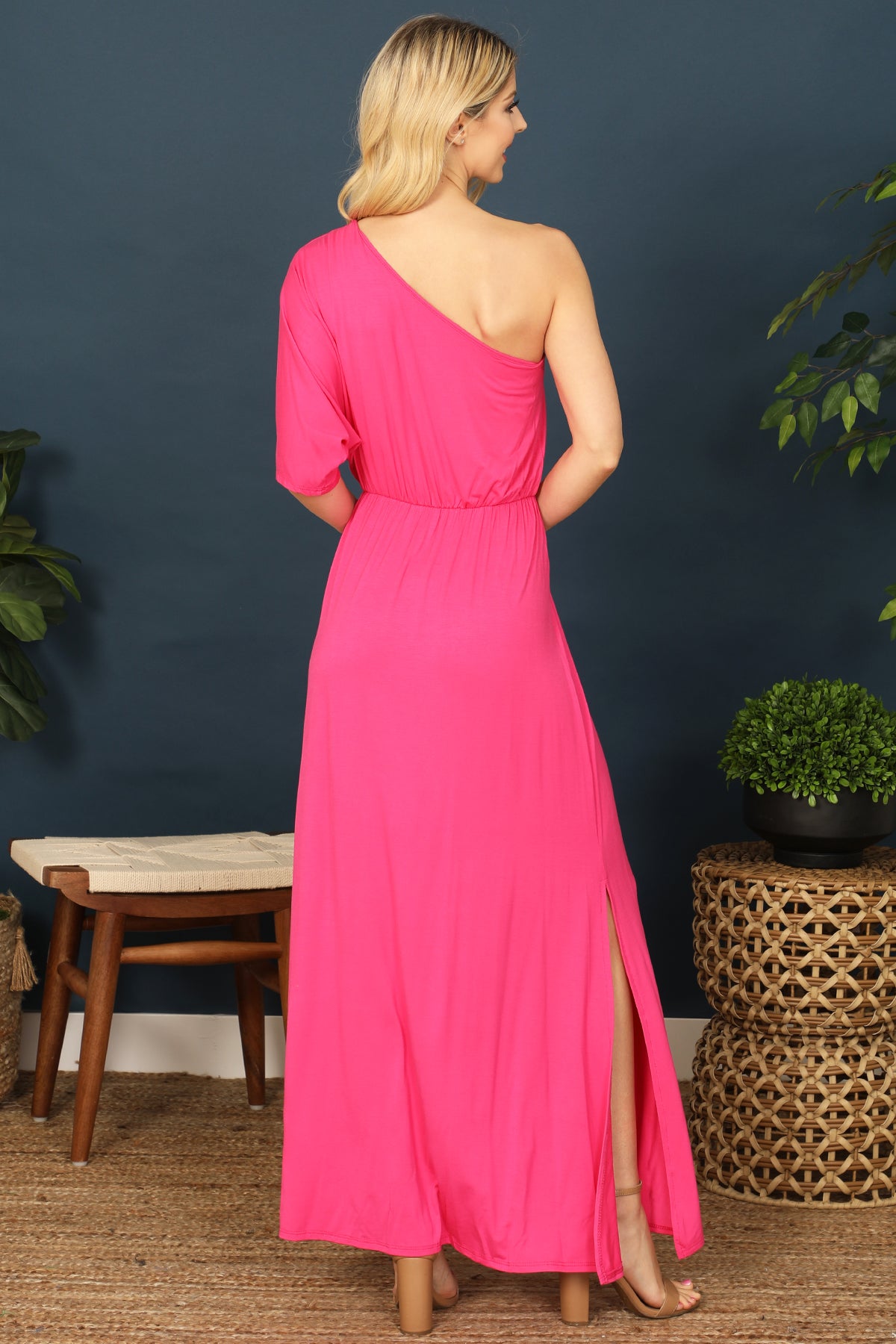 ONE SHOULDER ELASTIC WAIST SIDE SLIT SOLID MAXI DRESS 2-2-2-2