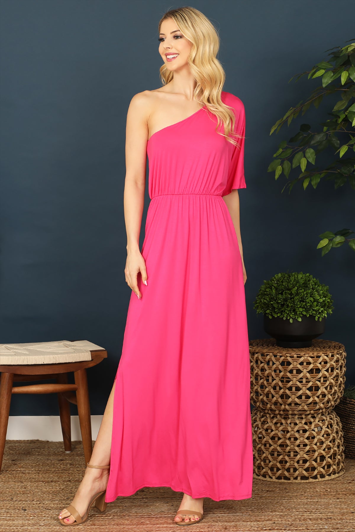 ONE SHOULDER ELASTIC WAIST SIDE SLIT SOLID MAXI DRESS 2-2-2-2