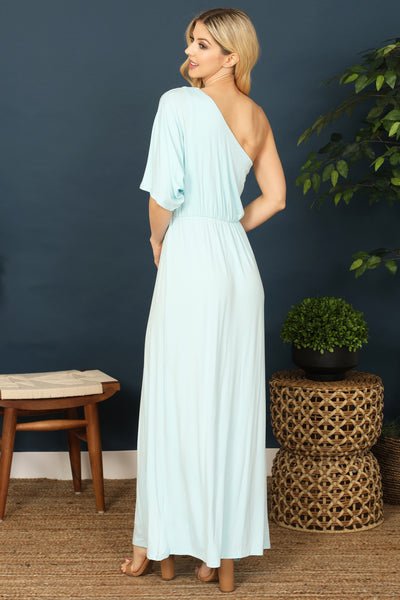 ONE SHOULDER ELASTIC WAIST SIDE SLIT SOLID MAXI DRESS 2-2-2-2