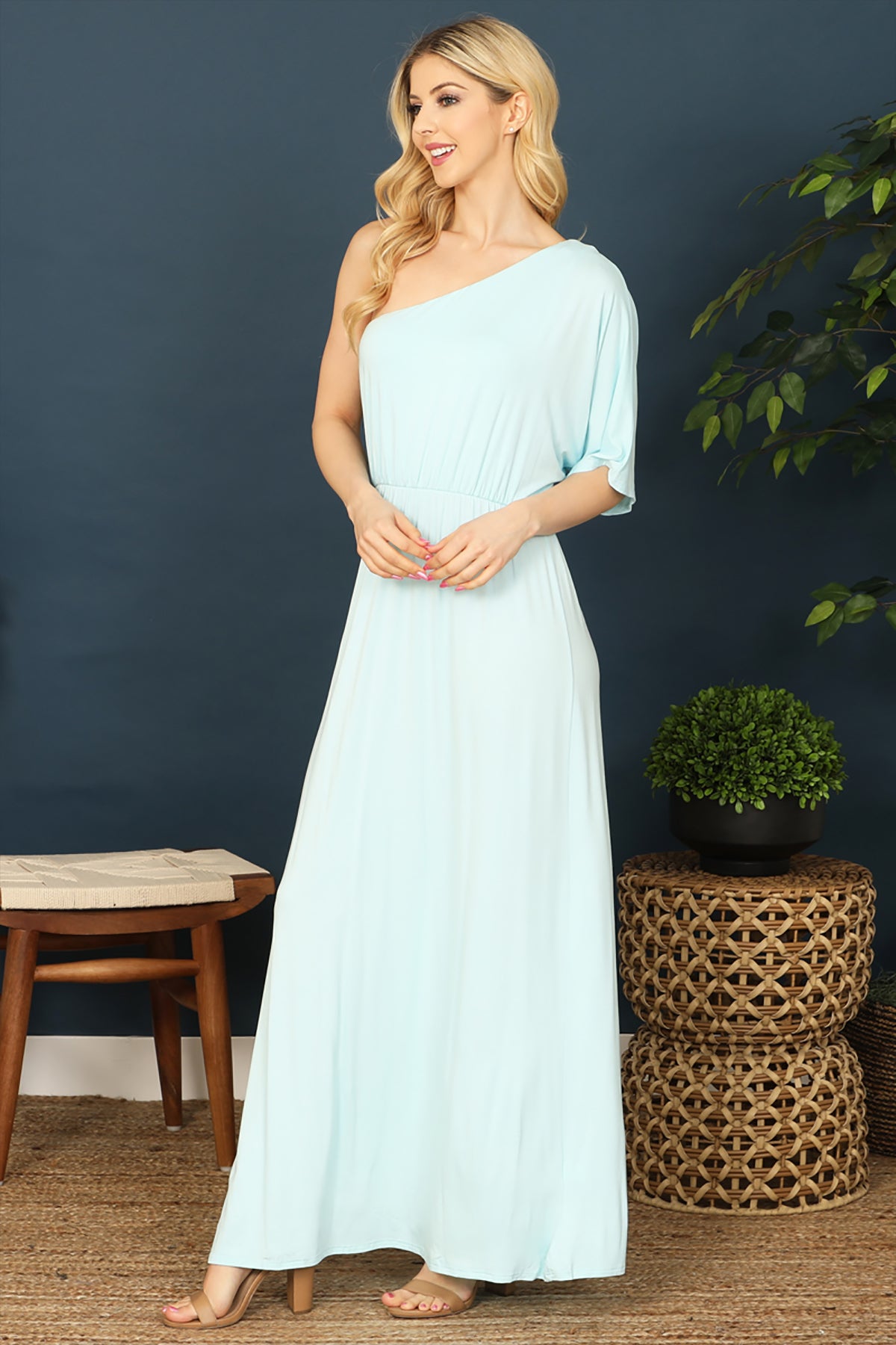 ONE SHOULDER ELASTIC WAIST SIDE SLIT SOLID MAXI DRESS 2-2-2-2