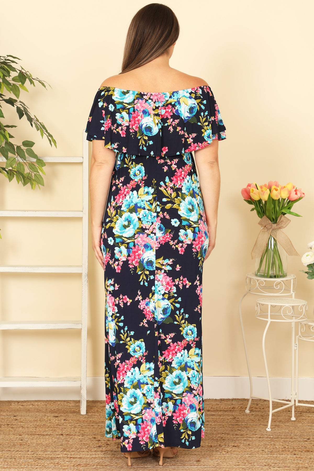 NAVY OFF SHOULDER FLORAL MAXI DRESS 2-2-2