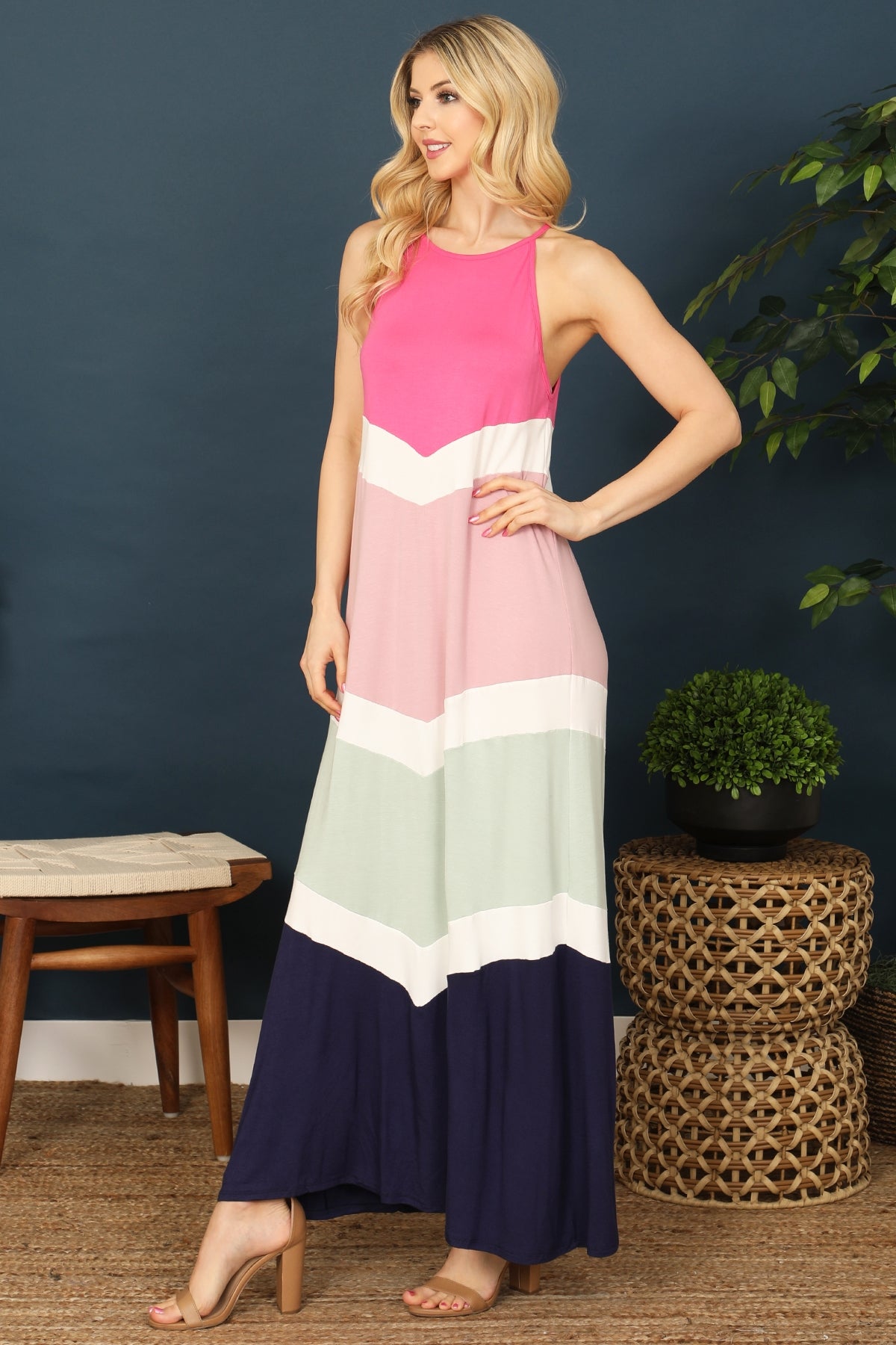 FUCHSIA MULTI CHEVRON SPAGHETTI STRAP MAXI DRESS 2-2-2-2