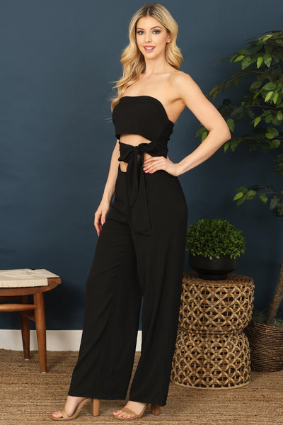 BLACK TUBE FRONT CUT-OUT WAIST TIE DETAIL SOLID JUMPSUIT 1-2-2-1