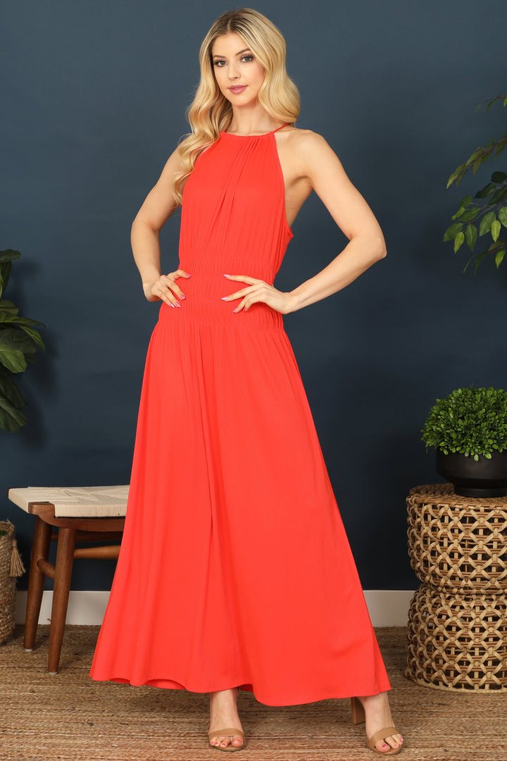 ORANGE HALTER NECK ELASTIC WAIST SOLID MAXI DRESS 2-2-2 – MYS Wholesale