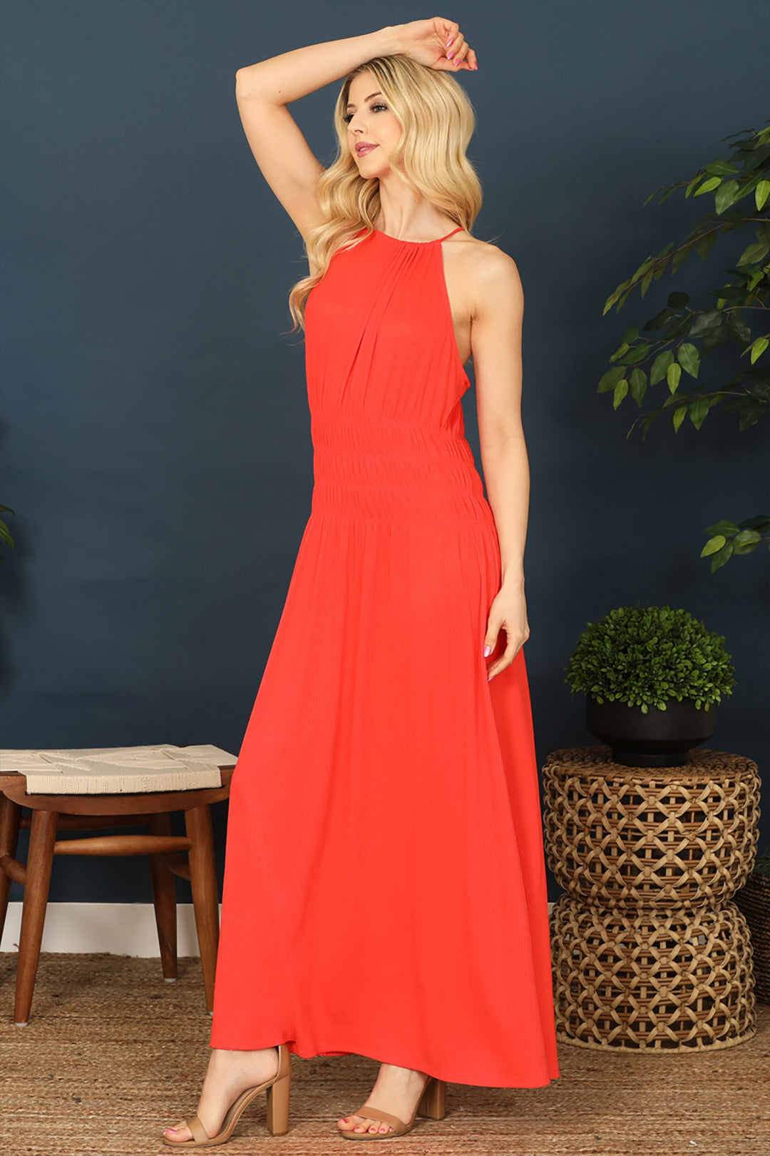 ORANGE HALTER NECK ELASTIC WAIST SOLID MAXI DRESS 2-2-2