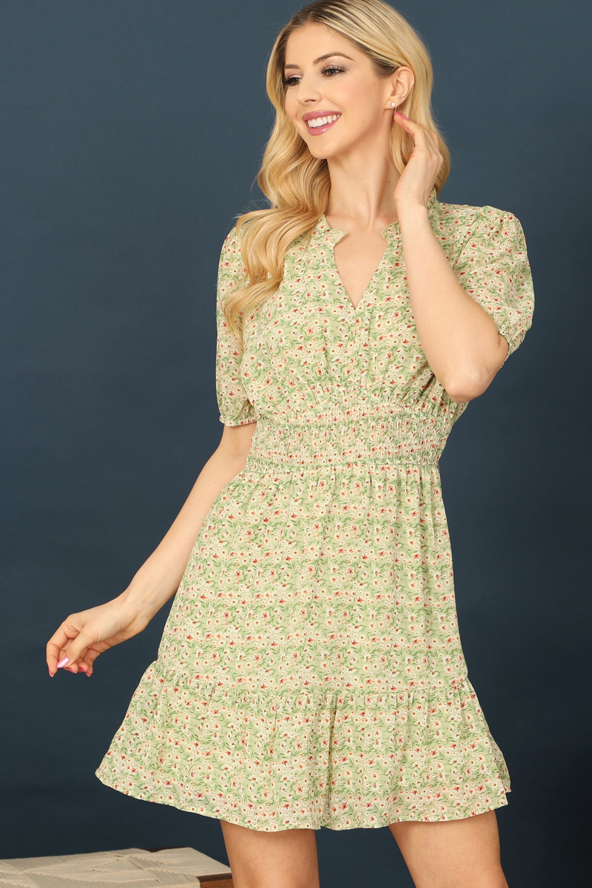 NOTCH NECK PUFF SLEEVE SMOCKED WAIST FLORAL DRESS 2-2-2 (NOW $ 6.75 ONLY!)