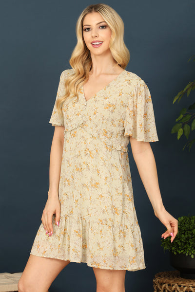 V-NECK BELL SLEEVE RUFFLE DETAIL FLORAL DRESS 2-2-2 (NOW $6.75 ONLY!)