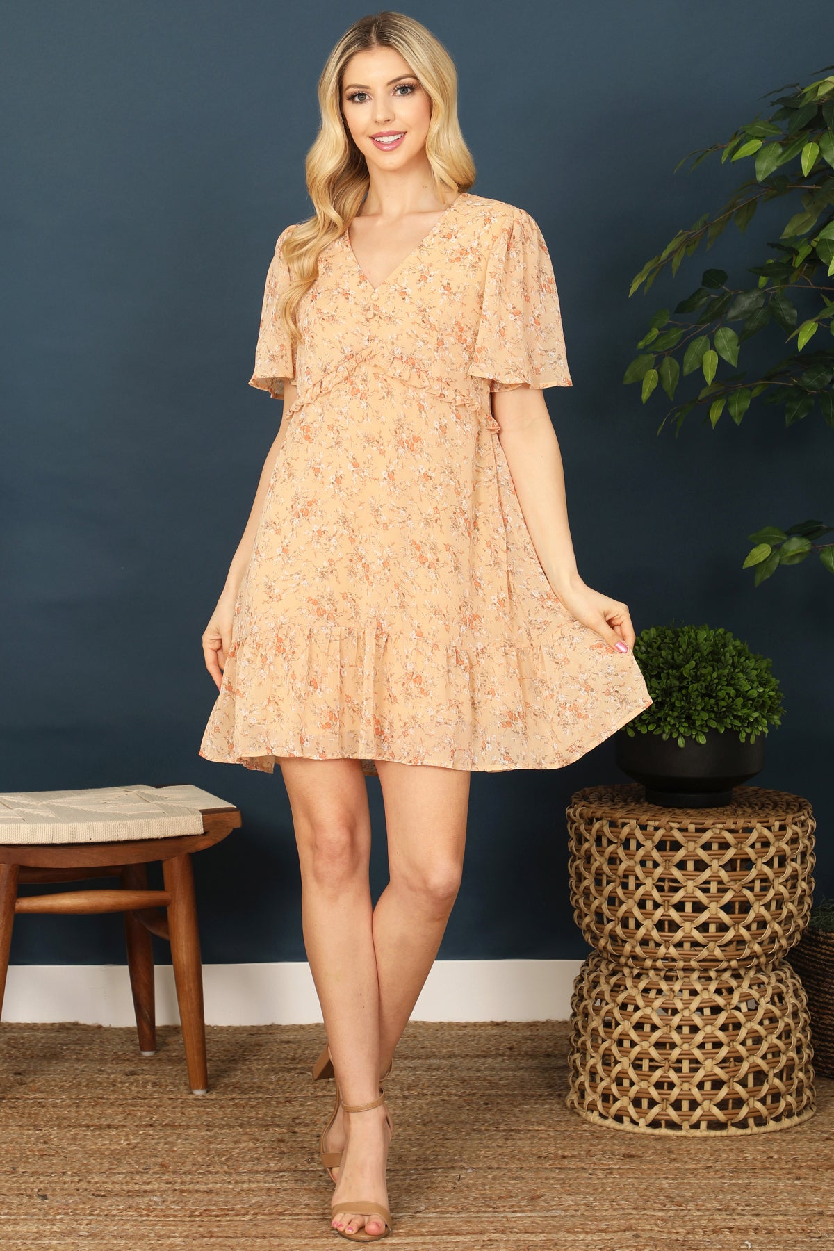 V-NECK BELL SLEEVE RUFFLE DETAIL FLORAL DRESS 2-2-2 (NOW $6.75 ONLY!)