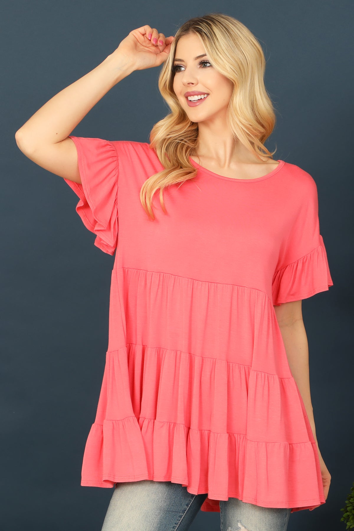 SHORT RUFFLE SLEEVE TIERED TUNIC TOP 2-2-2-2 (NOW $4.75 ONLY!)